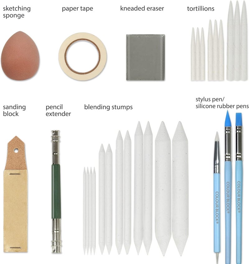 COLOUR BLOCK 30pcs Sketching Tool Set with Soft Pastels Drawing Art Blenders, Blending Stumps, Tortillions, Sandpaper, Sketch Pencil Extender, Rubber Pens - Image 4